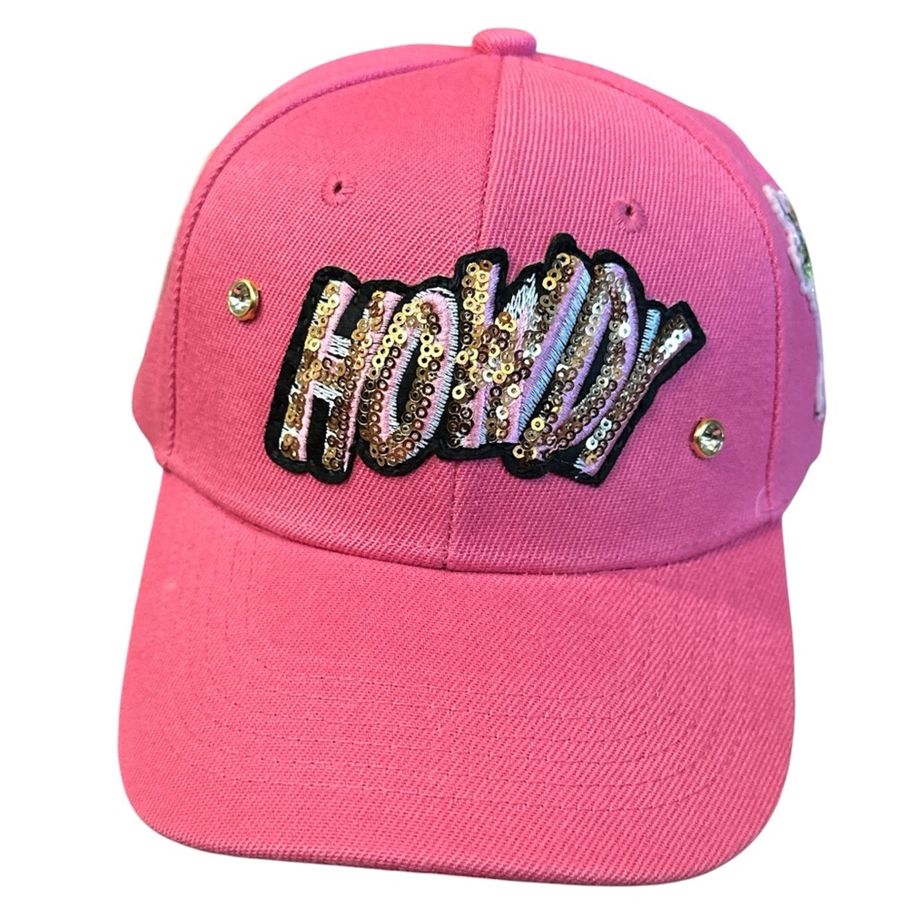 ONE OF A KIND Pink Baseball Hat with “Cowgirl” Theme and Hand Sewn On Patches